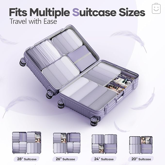 Veken 9/11 Set Compression Packing Cubes Garment Bags for Travel Essentials,Compressible Expandable Luggage Organizer Bags for Clothing,Space Saver Bags with Over 1000 pcs of Mesh Holes(Purple Gray)