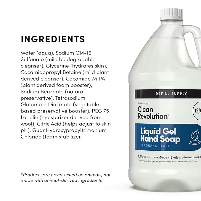 Clean Revolution Liquid Gel Hand Soap Refill with Real Essential Oils – Sulfate-Free Gel Hand Wash, Moisturizing Bulk Refill, Non-Toxic Formula, Made in the USA (Spring Air) 128 Fl Oz