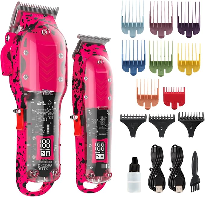 Tuanchuanrp Professional Hair Clippers for Woman, Cordless Barber kit for Hair Cutting & Grooming, Hair Clippers and Trimmer Set for Barber Haircut with LED Display, 8 Fade Taper Combs(Pink Set)