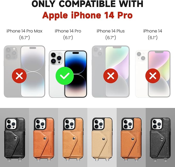 LUCKYCOIN Crossbody Phone Case for iPhone 14 Pro,100% Genuine Leather Phone Wallet Case for Women, Premium Hands-Free Phone Purse with Expandable Flip Card Holder & Adjustable Strap - Pebble Beige