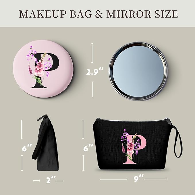 SEAMOON A-Z Womens Birthday Gifts, Initial Cute Makeup Bag with Mirror, P