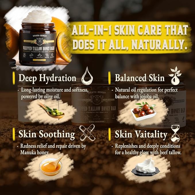 Organic Beef Tallow for Skin & Face - Whipped Honey Balm, Citrus (4 OZ)