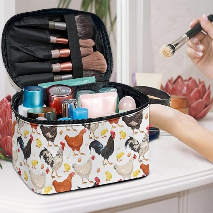 Drydeepin Cute Farm Chicken Rooster Print Travel Makeup Bag for Women Large Capacity Cosmetic Bags with Zipper And Handle Make Up Tote Bags Organizer Portable Brushes Case Toiletry Bags