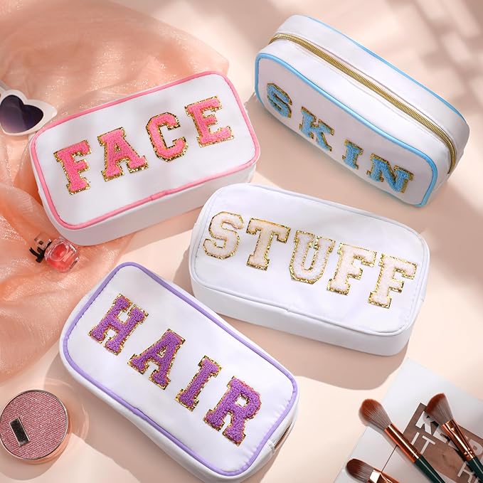 Cunno Preppy Makeup Bags Chenille Letter Stuff Bag Nylon Cosmetic Pouch Cases with Zipper for Women Travel Toiletry(White Set,Novel,4 Pcs)