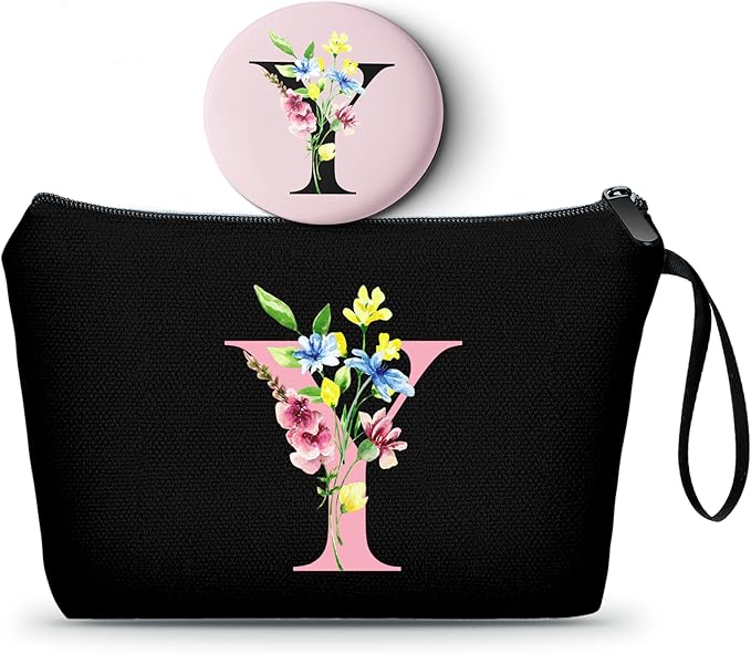 SEAMOON A-Z Womens Birthday Gifts, Initial Cute Makeup Bag with Mirror, Y