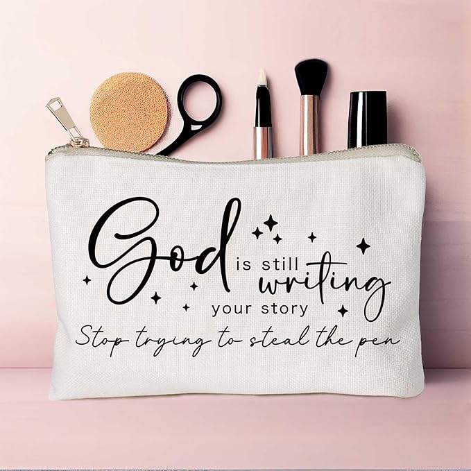 HubbgDesign God is Still Writing Your Story Travel Bag Funny Christian Women of the Bible Makeup Bag Bible Quote Christian Quotes Scripture Makeup Pouch Linen Cotton Bag