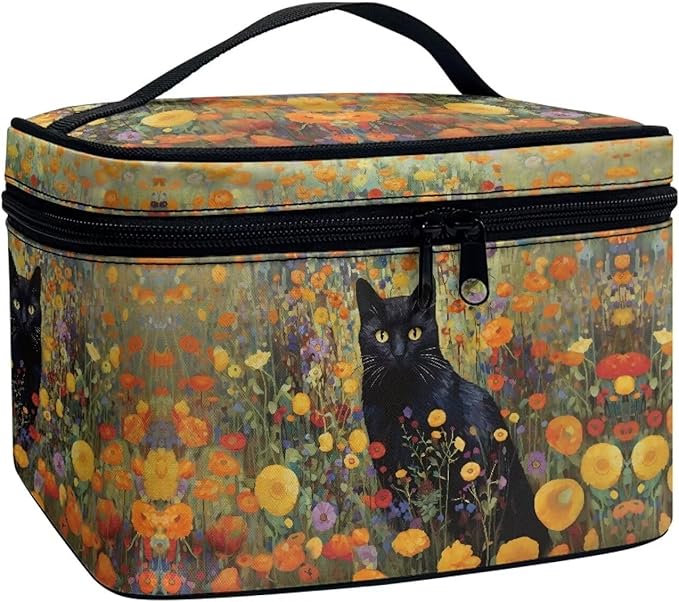 Drydeepin Black Cat Vibrant Floral Pattern Travel Makeup Bags for Women Portable Tote Cosmetic Case with Carry Handle Toiletry Accessories Storage Organizer Bags