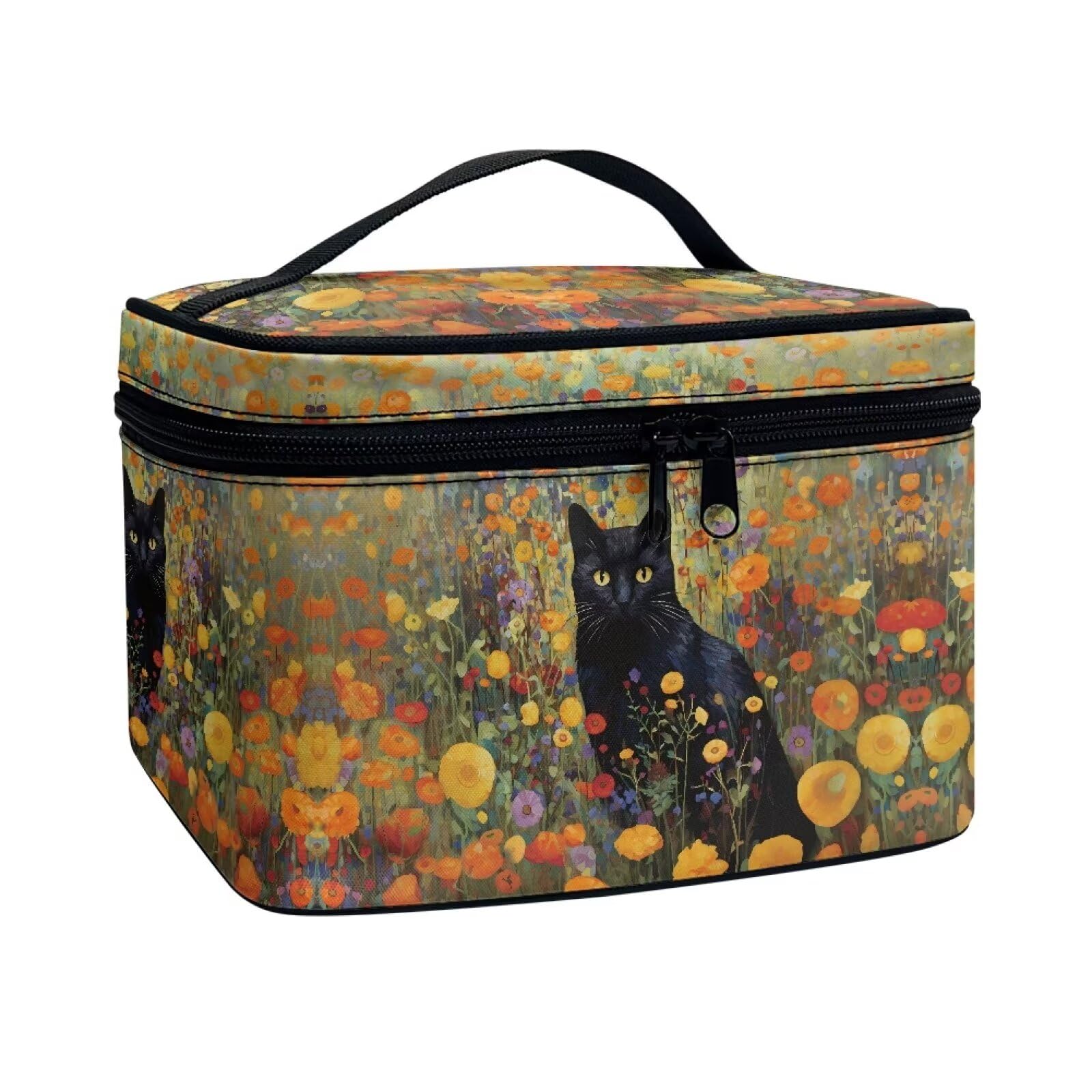 Drydeepin Black Cat Vibrant Floral Pattern Travel Makeup Bags for Women Portable Tote Cosmetic Case with Carry Handle Toiletry Accessories Storage Organizer Bags