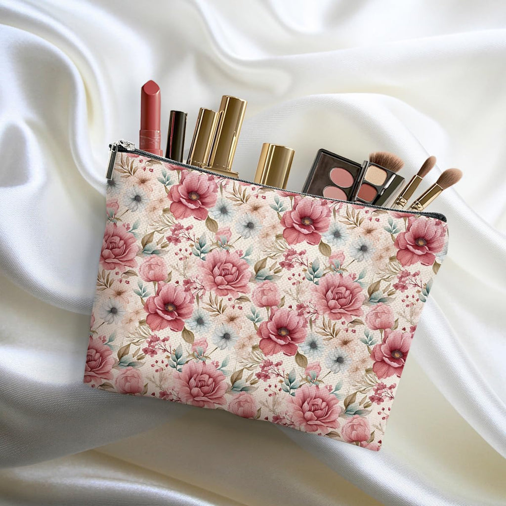 DHKG 4 Packs Watercolor Pink Yellow Flowers Makeup Bag Floral Cosmetic Bag Friend Friendship Gifts for Women Girls Bestie Botanical Travel Organizer Zipper Pouch Christmas Thanksgiving Birthday Gifts