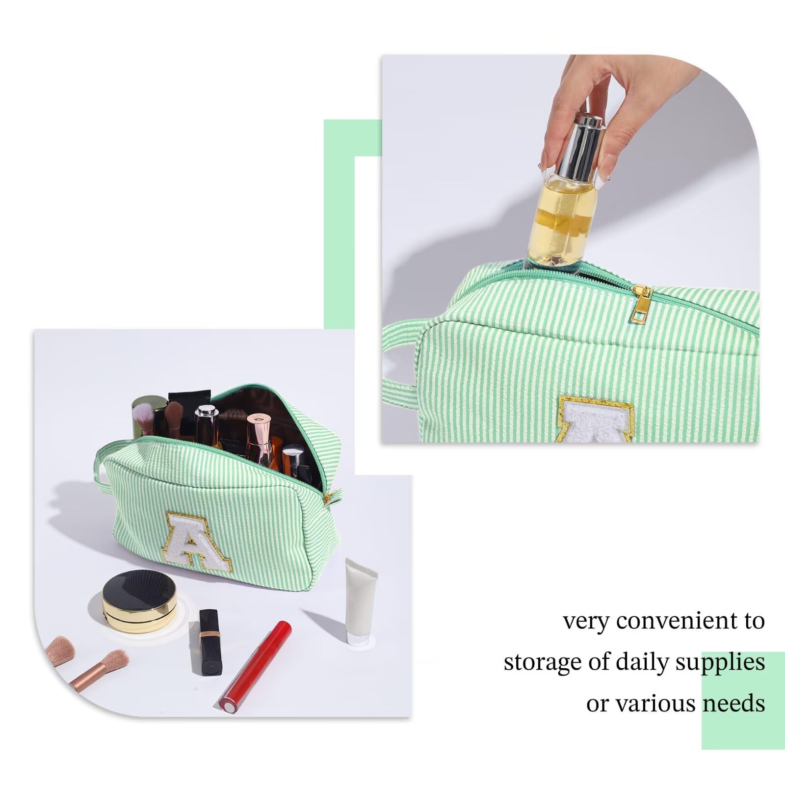 YOOLIFE Initial Cosmetic Bag for Women - Monogram Cute Makeup Bag Cosmetic Case Toiletry Pouch for Women Her Best Friend Sister Teacher, Personalized Birthday Gifts for Women, Light Green I