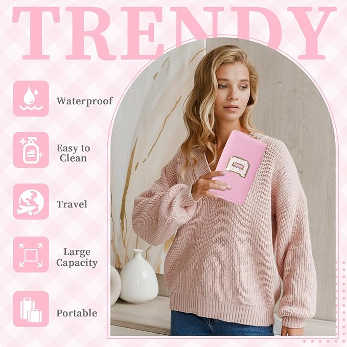 Small Personalized Initial A-Z Patch Makeup Bag,Pink Cute PU Leather Glitter Letter Cosmetic Bag for Teen Girls,Travel Toiletry Bag with Zipper,Preppy Monogrammed Birthday Gift for Daughter Niece D