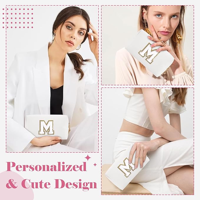 Small Personalized Initial A-Z Preppy Patch Makeup Bag,White PU Chenille Letter Travel Cosmetic Pouch with Zipper,Cute Toiletry Bag,Gift Ideal for Teen Girls Women Teacher Bridesmaid,Letter M