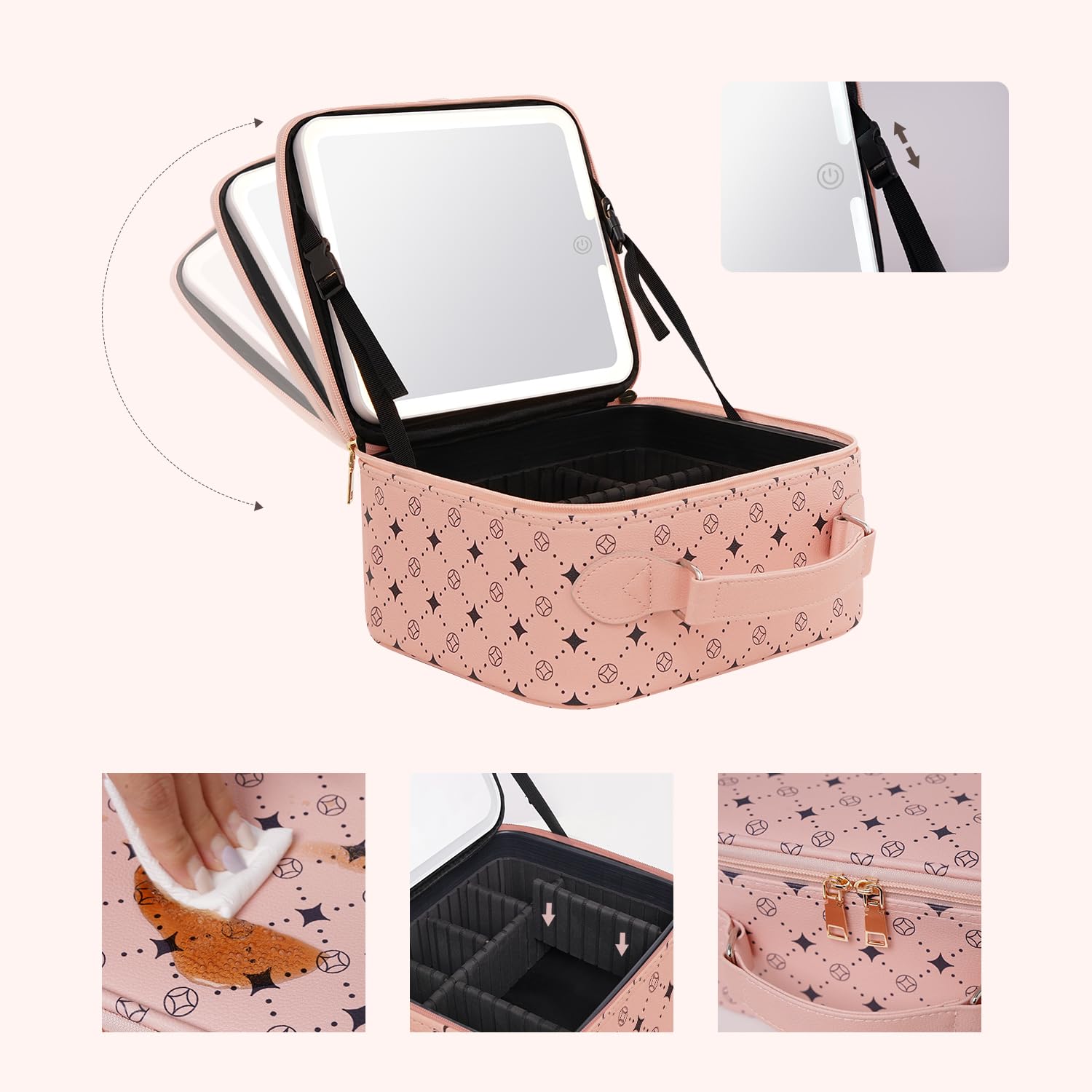M Y U R E N Travel Makeup Bag With 360° rotating LED Mirror,Waterproof cosmetic organizer,Portability Cosmetic case,Makeup organizer,Gift for Women,Girls Gift (Pink)