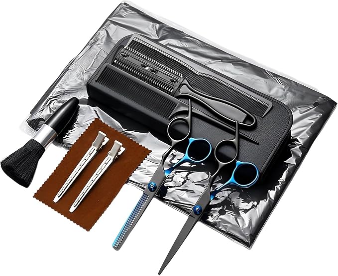 Hair Cutting Kit 11PCS - Professional Scissors With Stainless Steel Shears, Thinning Shears, and Accessories in Leather Case for Salon/Home (Black - Blue)