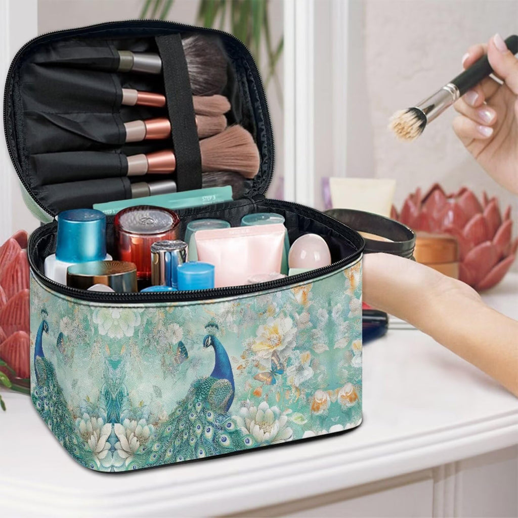 Drydeepin Peacock Butterfly Peony Flower Print Travel Makeup Bags for Women Portable Tote Cosmetic Case with Carry Handle Toiletry Accessories Storage Organizer Bags