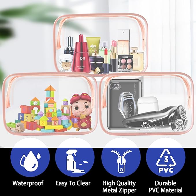 YedsIntu 16 Pieces Clear Cosmetic Bags, Large Transparent Makeup Bags, TSA Approved Toiletry Bag for Travel, PVC Waterproof Clear Pouch with Zipper Make Up Bag for Women and Men Traveling (Orange L)
