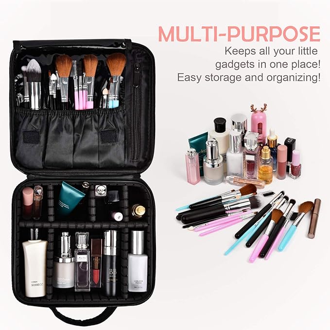 Bvser Travel Makeup Case, Cosmetic Train Case Organizer Portable Artist Storage Makeup Bag with Adjustable Dividers for Cosmetics Makeup Brushes Toiletry Jewelry Digital Accessories - Black