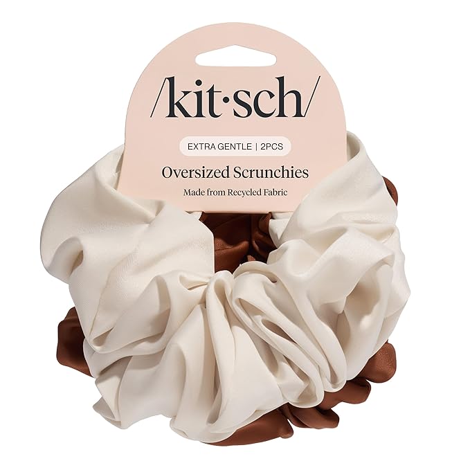 Kitsch Recycled Satin Oversized Scrunchies - Camel & Cream, 2pcs