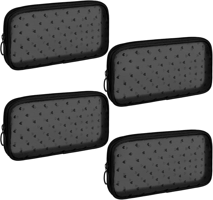 Sinzip 4 Pieces Mini Zipper Nylon Mesh Pouch, Mesh Cosmetic Bags Makeup Bags, Multipurpose Travel Toiletry Bags for Office Supplies and Travel Accessories (Heart Print-Black, M)