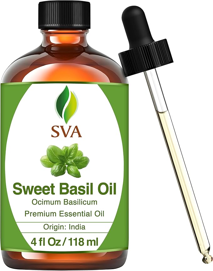 SVA Sweet Basil Essential Oil, Glass Bottle with Dropper, 4 Fl Oz (118 ml)