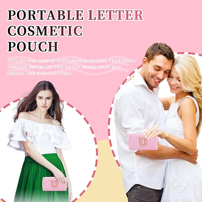 Personalized Initial Letter Patch Makeup Bag, Preppy Small Chenille Letter Cosmetic Bag with Zipper, PU Leather Waterproof Travel Toiletry Bag Monogram Make Up Pouch for Women Girls(Letter U)