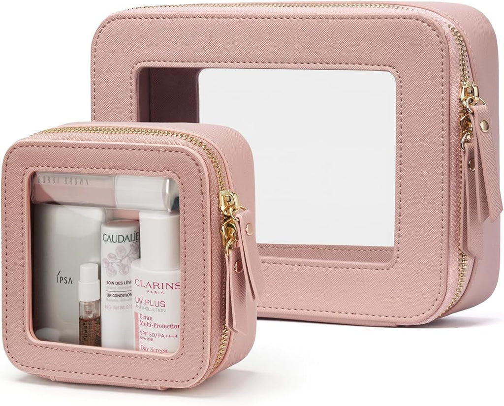 Popvibe Clear Makeup Bag with Zipper, Set of 2, Mini and Medium, Mauve Pink