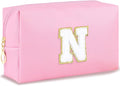 URSKYTOUS Initial Makeup Bag Personalized Preppy Travel Small Cosmetic Bag Cute PU Pink Chenille Letter Makeup Pouch for Purse Waterproof Zippered Toiletry Organizer for Women Girls Kids Friends (N)