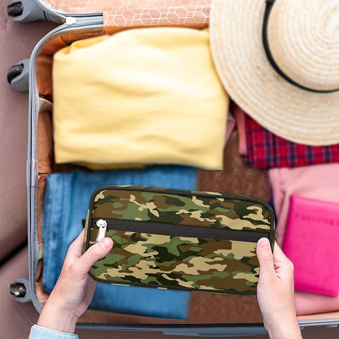 Bardic Green Camo Portable Travel Toiletry Bag, Camouflage Print Dopp Kit Cosmetic Organizer Makeup Bag Shower Shaving Bag for Men Women