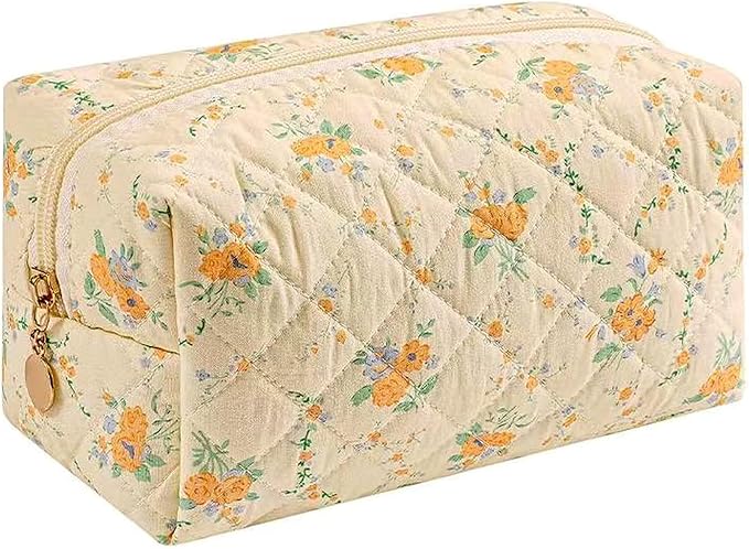 OIMEI Floral Quilted Cotton Makeup Bag for Women, Large Capacity Travel Cosmetic Pouch with Zipper, Cute Toiletry & Brush Organizer, Kawaii Makeup Storage Case – Yellow/Orange Flowers