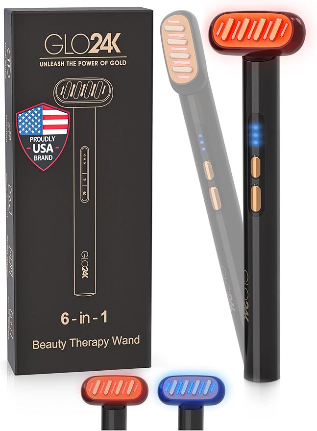 GLO24K 6-in-1 LED Beauty Wand for Face, Neck and Eye Area - Red & Blue LED Facial Wand with Gentle Warming, Vibration, Microcurrent Mode and 3 Intensity Levels