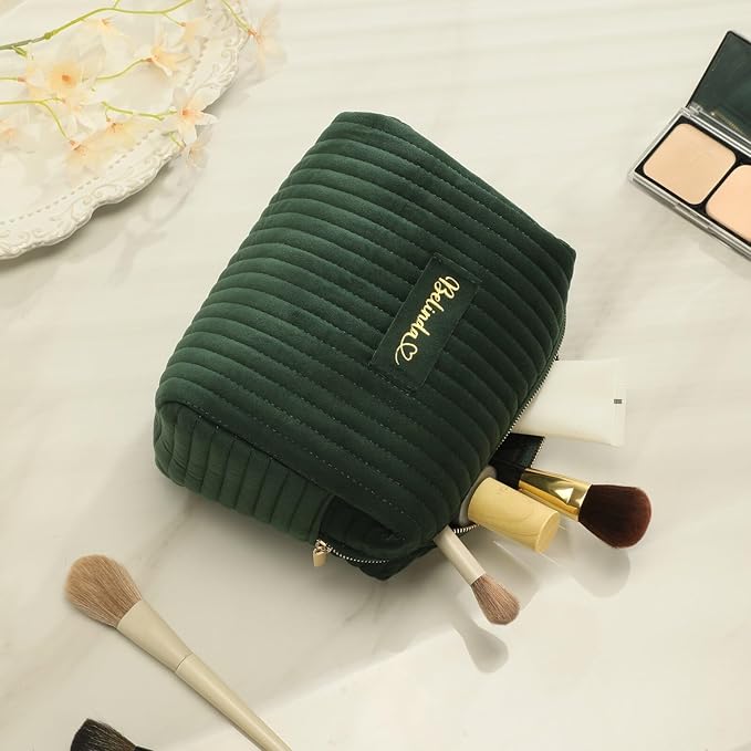 Snirov Custom Makeup Bag, Green Velvet Personalized Cosmetic Bag with Zipper for Women Teen Girls Birthday Gifts Mothers Day Gifts for Mom