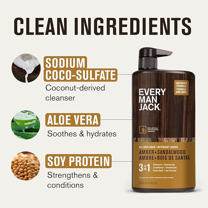 Every Man Jack 3-in-1 All Over Body Wash for Men, Amber Sandalwood, 2pk