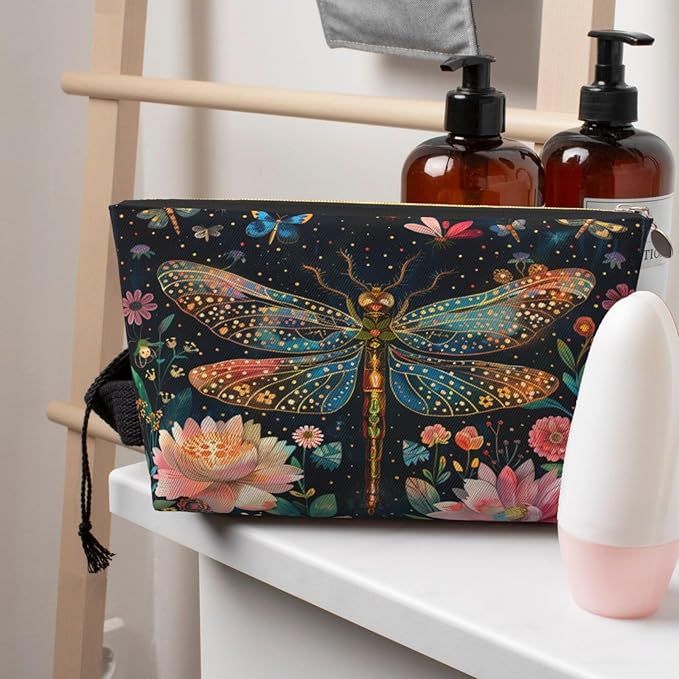 Dultua Mothers Day Gifts Makeup Bag Purse Cosmetic Bag Travel Toiletry Leather Make Up Bags for Mom Wife Women Daughter Floral Dragonfly