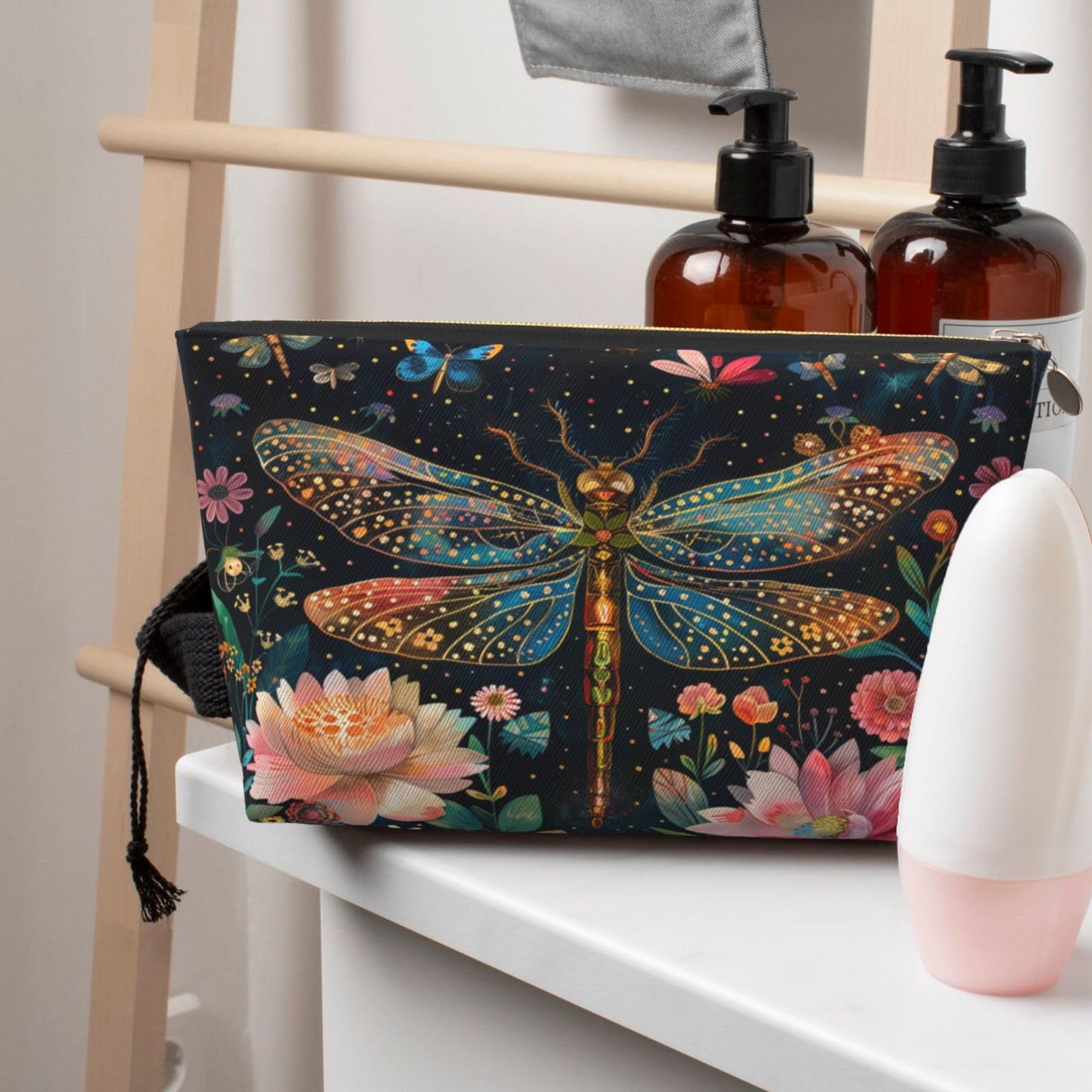 Dultua Mothers Day Gifts Makeup Bag Purse Cosmetic Bag Travel Toiletry Leather Make Up Bags for Mom Wife Women Daughter Floral Dragonfly