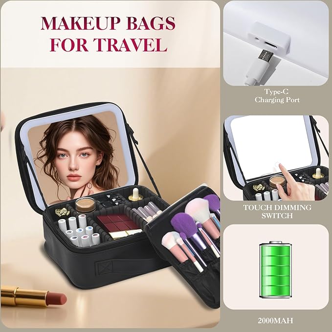 Yaliang Travel Makeup Bag with Mirror & 8 Adjustable EVA Dividers, Black