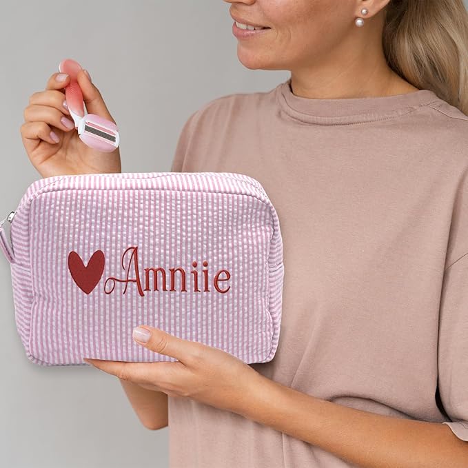 Custom Makeup Bag Personalized Cosmetic Bag Cute Seersucker Travel Toiletry Bag for Women Embroidered Bag Organizer for Bride Makeup Bag Gift Red