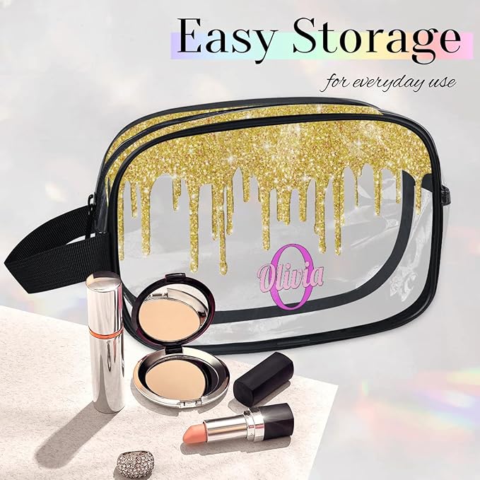 KFNHN Personalized Clear Makeup Bag with Name, Transparent Travel Cosmetic Bag for Women, Friends, Mother's Day, Bridesmaid, Bride, Wedding, Graduation, Yellow Glitters Water Fluid Shape Sequins
