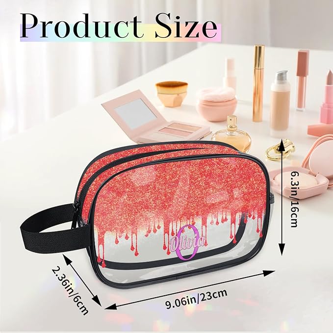 KFNHN Custom Travel Clear Cosmetic Bag with Name, Personalized Large Capacity Weekend PVC Transparent Toiletry Bag Portable Bathroom Makeup Organizer, Red Curtain Glittering