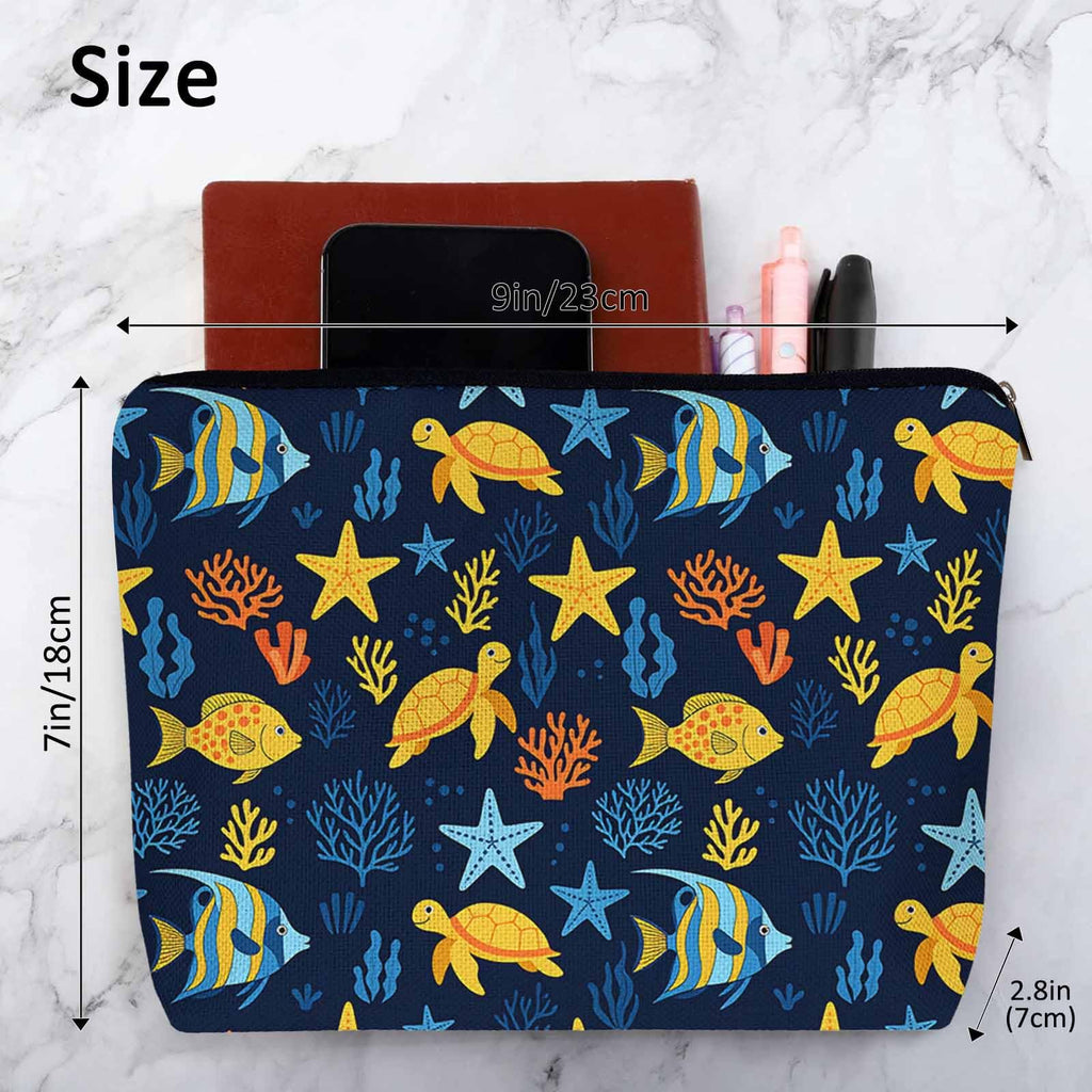 Kalygon Sea Animal Makeup Bags Makeup Organizer, Ocean Sea Turtle Starfish Seaweed Flax Toiletry Bags Travel Cosmetic Bag Makeup Purse Pouch Skincare Bag Wallet Bags For Women Female Mom Daughter