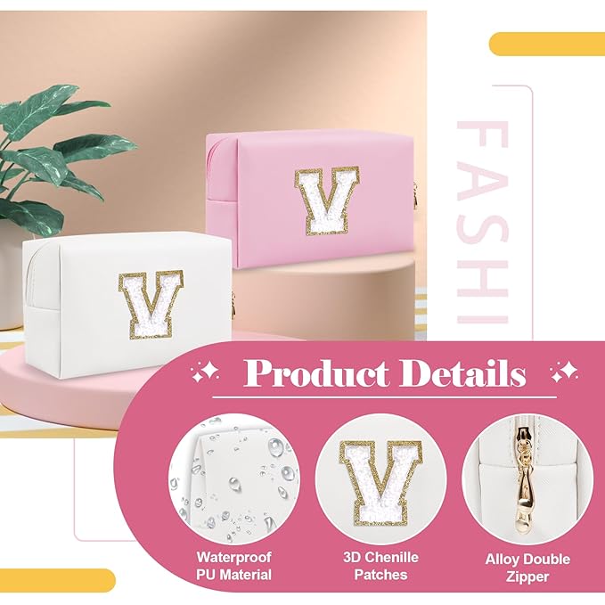 Small Personalized Initial A-Z Preppy Patch Makeup Bag,White PU Chenille Letter Travel Cosmetic Pouch with Zipper,Cute Toiletry Bag,Gift Ideal for Teen Girls Women Teacher Bridesmaid,Letter V