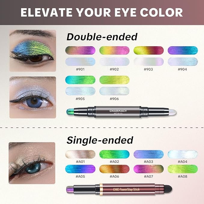 CHARMACY Multichrome 2 in 1 Cream Eyeshadow Stick, Waterproof Eye Brightener Highlighter Stick Makeup, High Pigmented, Smudge-Proof, Vegan & Cruelty-Free (#901)