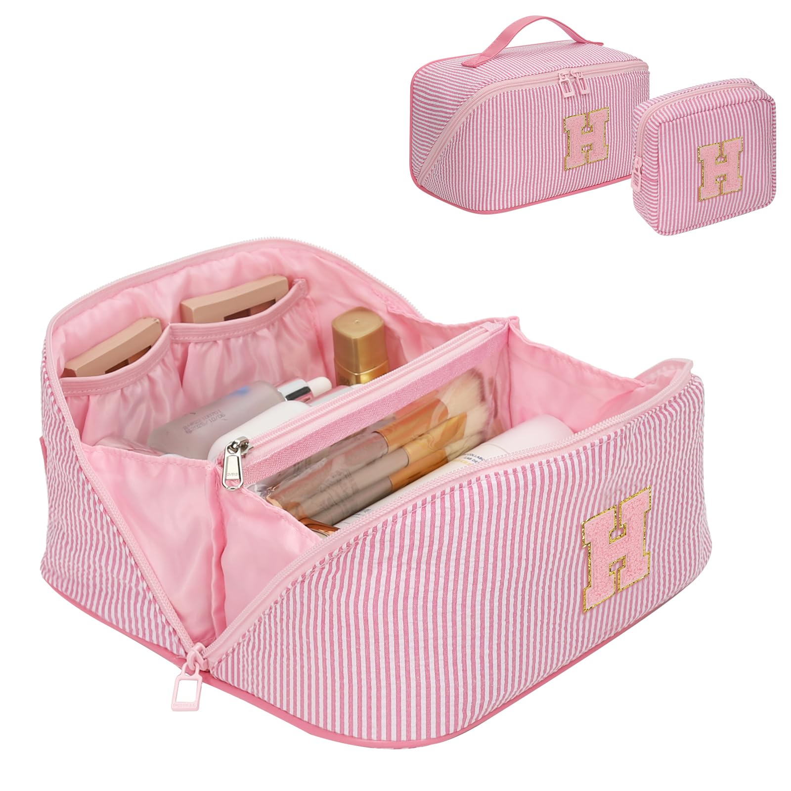 2026 Graduation Gifts - Travel Makeup Bag for Women, 2Pcs Portable Personalized Initial Makeup Organizer Bag, Open Flat Large Cosmetic Bag With Travel Essential Pouch (Pink Letter H)