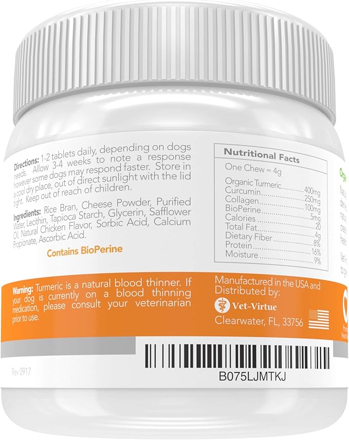 Turmeric for Dogs - Hip & Joint Supplement for Senior Dogs with Arthritis | Natural Anti Inflammatory Pain Relief | Organic Curcumin, Collagen & BioPerine | NASC Certified Made in USA - 60 Soft Chews