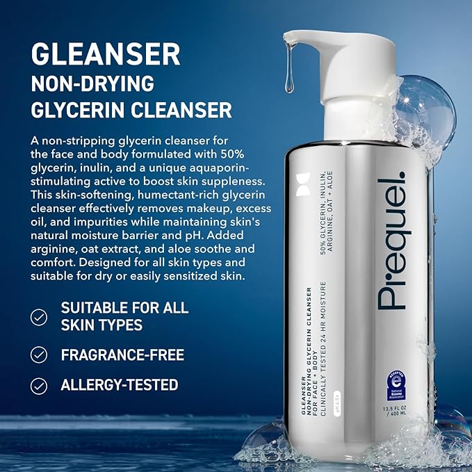 Prequel Gleanser, Moisturizing Glycerin Face Wash, Unscented Cleanser for Sensitive and Dry Skin, 6.75 fl oz Pump Bottle (Pack of 2)