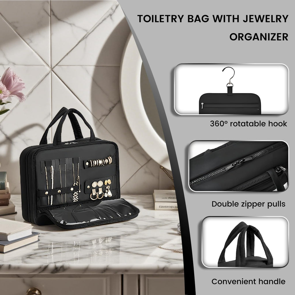 Inmorven Travel Hanging Toiletry Bag for Women, Makeup Cosmetic Bag with Jewelry Organizer, Waterproof DoppKit Set for Girls Large Capacity, Carry-on Travel Accessories Essentials - Black