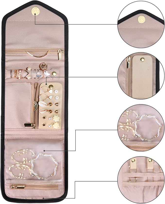BAGSMART Travel Jewelry Organizer Case Foldable Jewelry Roll, Mini, Black