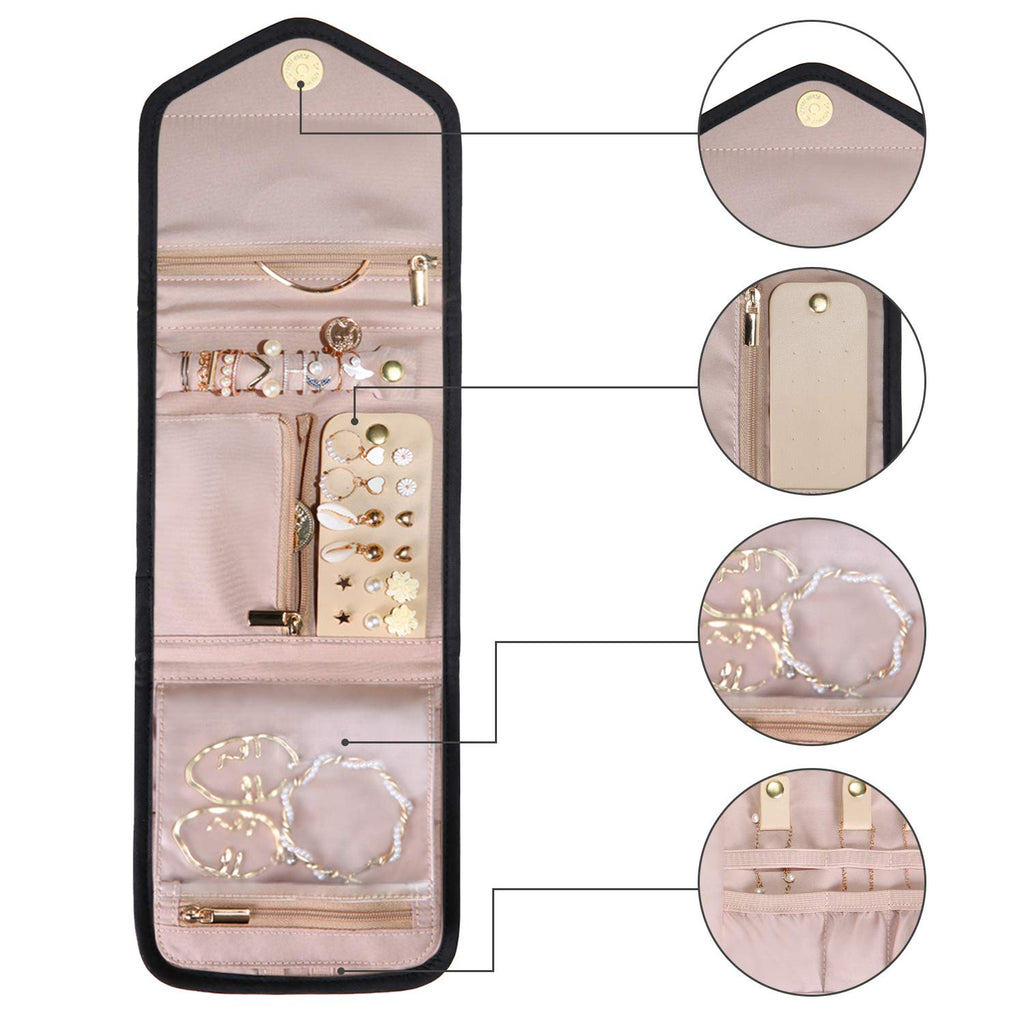 BAGSMART Travel Jewelry Organizer Case Foldable Jewelry Roll, Mini, Black