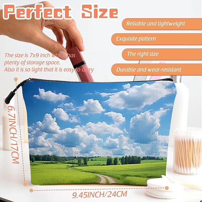 Scribesense Cosmetic Bags Travel Makeup Toilet Case Waterproof Pouch for Women Girls 6.7X9.45inches - Green Field With A Winding Dirt Road Under Blue Sky