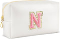 URSKYTOUS Initial Makeup Bag Personalized Preppy Travel Small Cosmetic Bag Cute PU White Chenille Letter Makeup Pouch for Purse Waterproof Zippered Toiletry Organizer for Women Girl Kid Friends(N)