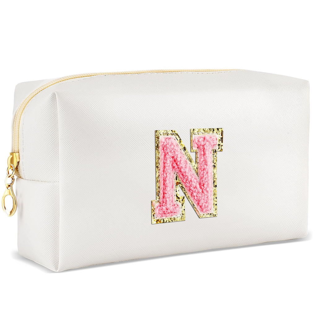 URSKYTOUS Initial Makeup Bag Personalized Preppy Travel Small Cosmetic Bag Cute PU White Chenille Letter Makeup Pouch for Purse Waterproof Zippered Toiletry Organizer for Women Girl Kid Friends(N)